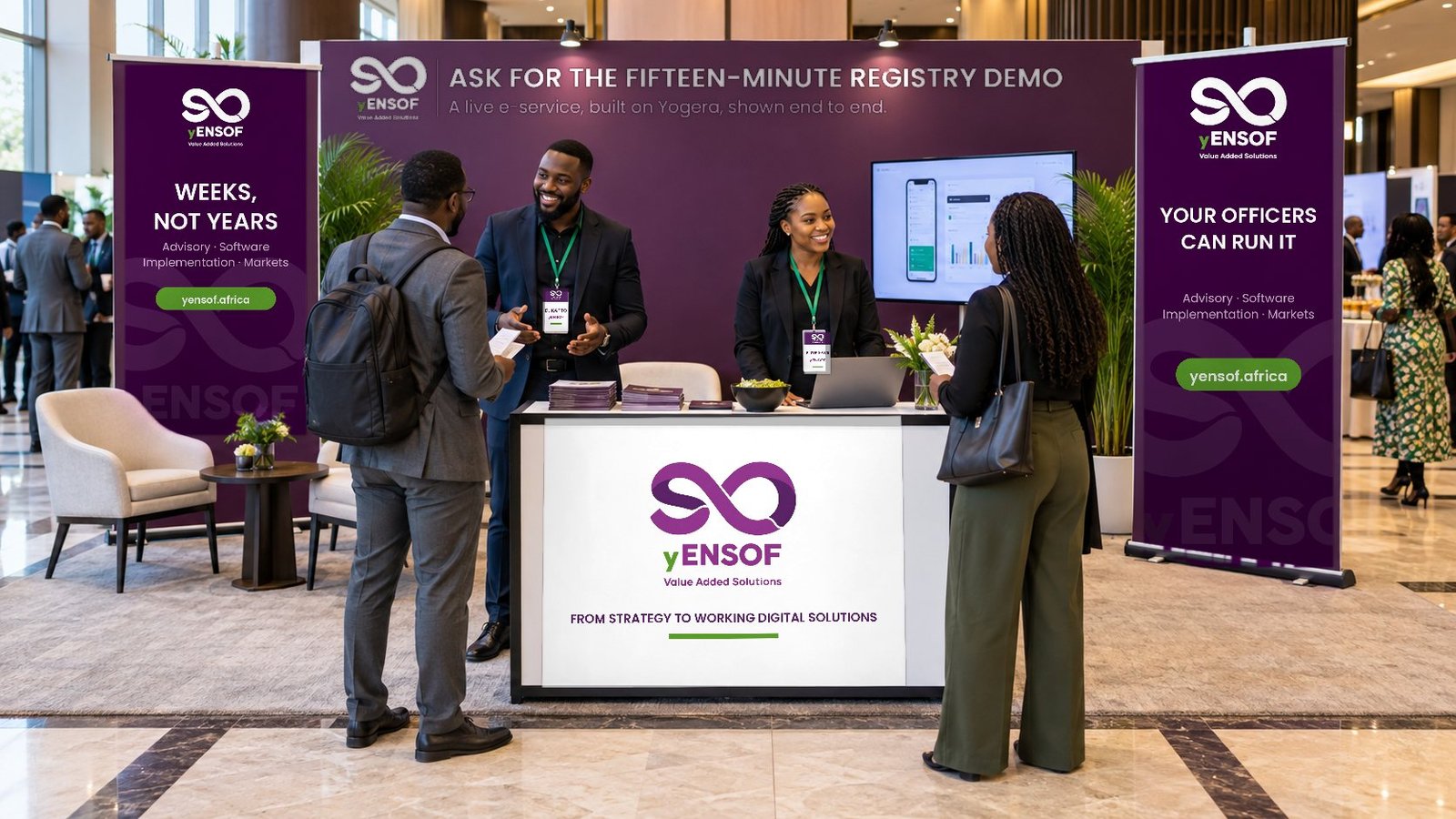 A yENSOF stand at a conference, with a registry running on screen