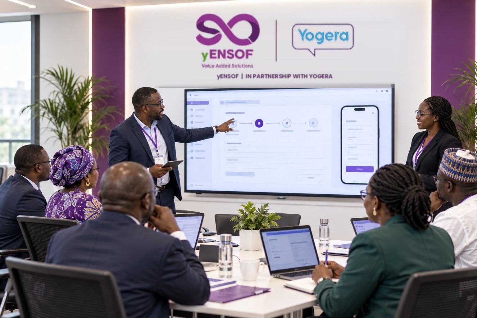 A yENSOF partner demonstrating a registry workflow to a room of officials